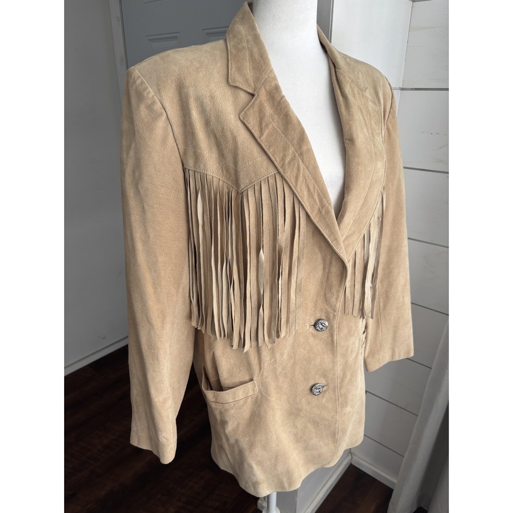 Cedars Jacket Womens Large Tan Suede Leather Fringe Western Concho Buttons Boho - Picture 2 of 7